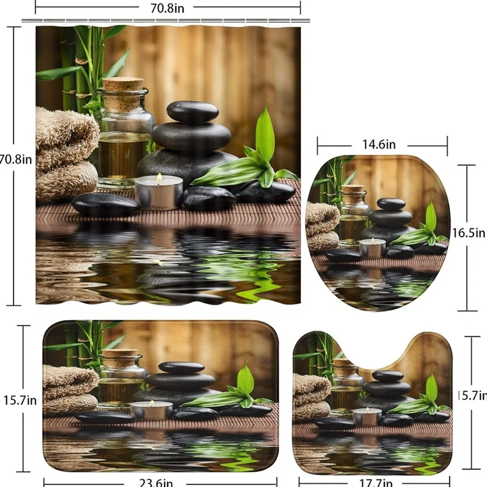 4 Pcs Shower Curtain Set Stones Spa Oil Wood Massage Relax Candle Set 72